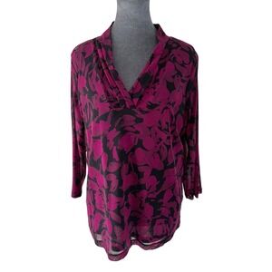 Croft & Barrow Wmns Artsy 1X Magenta Black Floral Mesh V-Neck 3/4 Sleeve Blouse